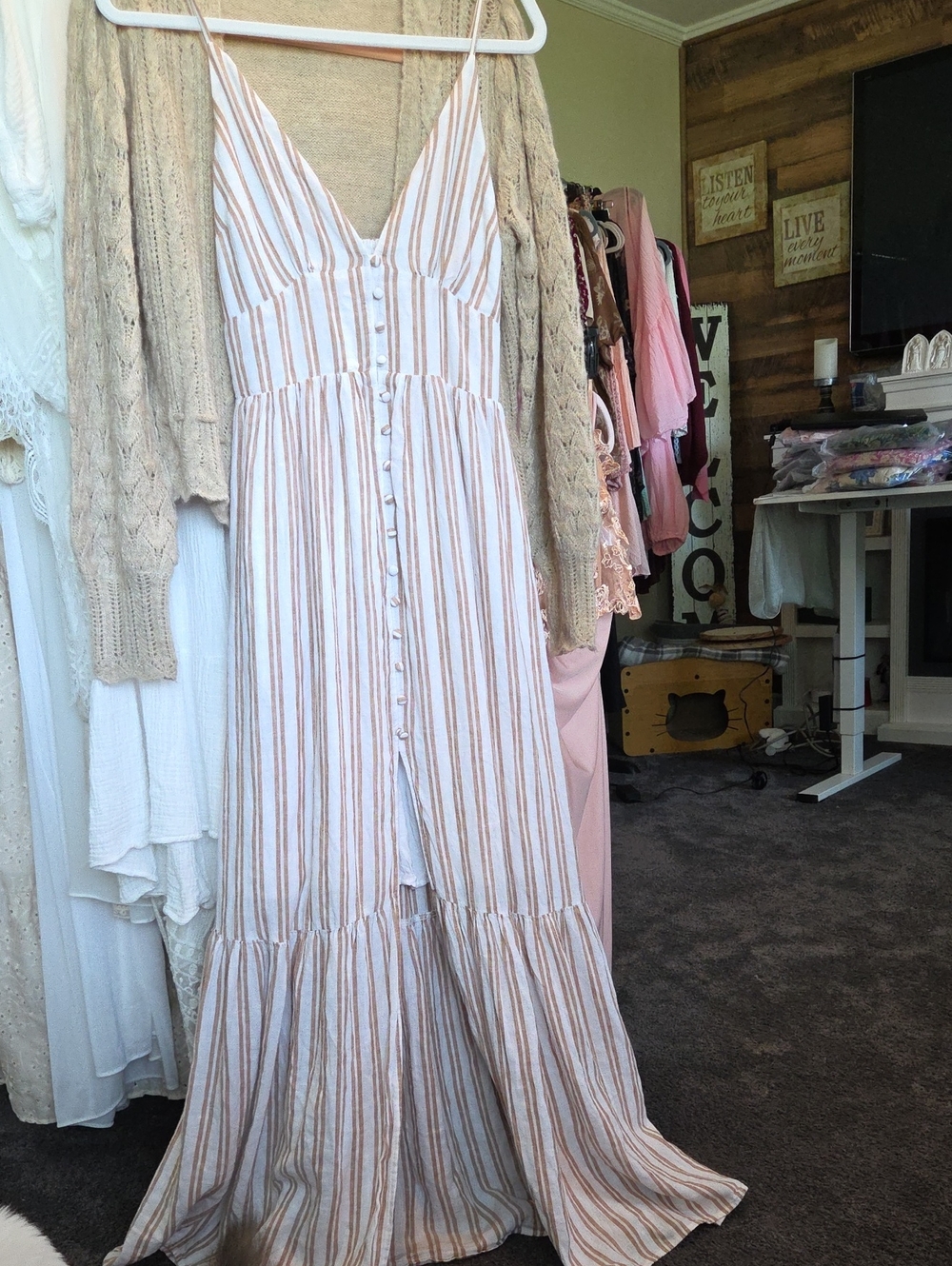 Abercrombie & Fitch Striped Button-Front Maxi Dress in Cream and Tan